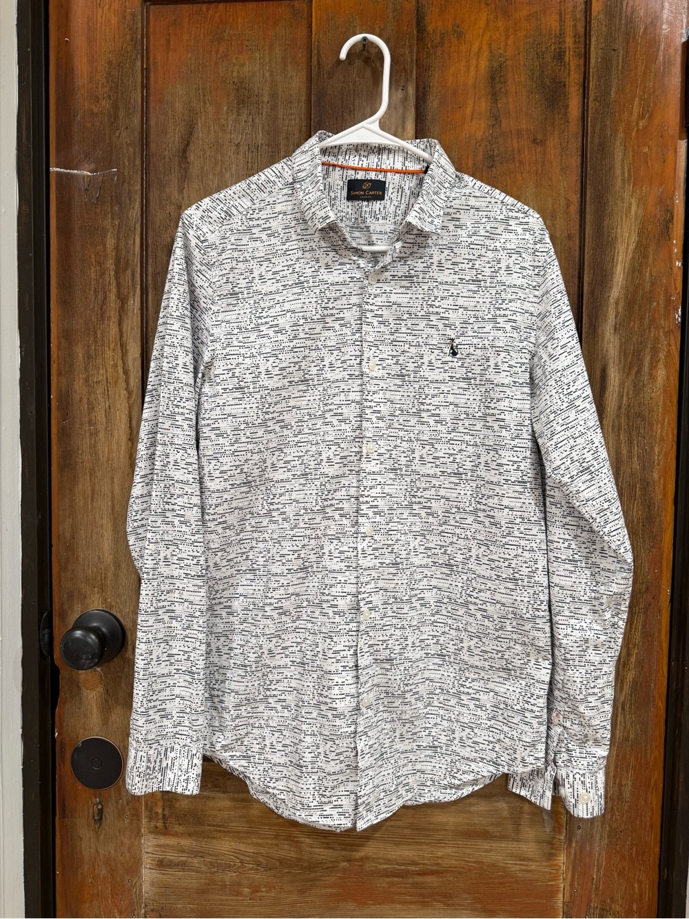 Men's Slim Fit Button-Down Shirt - White with Black Microprint